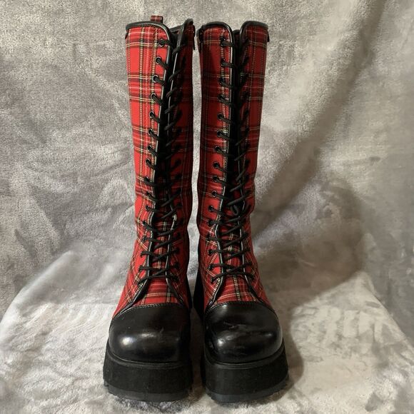 Demonia Women's 3.5" Platform Boots Size 7 Scene 100 Red Tartan Plaid 15” Tall - Picture 8 of 16
